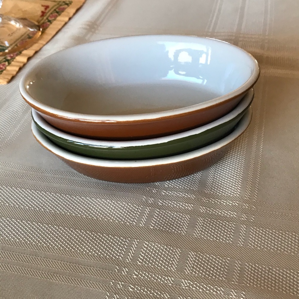 3 Hall Individual Oblong Bakers Brown Green 6”